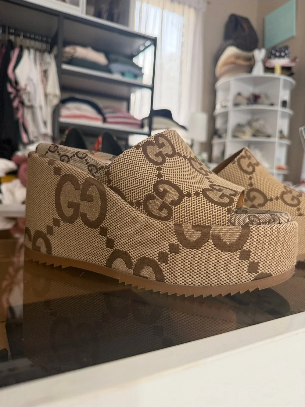 Gucci Beige GG Logo Platform Slides